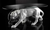 Lorenzon Asztal 2 párduccal kerámia szobor, üveggel - fehér, fekete