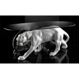 Lorenzon Asztal 2 párduccal kerámia szobor, üveggel - fehér, fekete