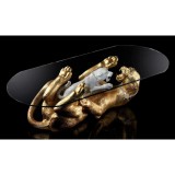 Lorenzon Asztal fekvő párduccal és párduckölyökkel kerámia szobor, eredeti Swarovski nyakékkel, üveggel - fehér, aranyfóliával