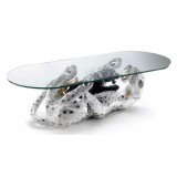 Lorenzon Asztal fekvő párduccal és párduckölyökkel kerámia szobor, eredeti Swarovski nyakékkel, üveggel - fehér, fekete, arany, platina