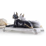 Lorenzon Dán dog kutyapár kerámia szobor, párnával - fehér, fekete, arany