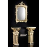 Lorenzon Kerámia konzolasztal 2 oszloppal, 2 üveggel, tükörrel - krémszínű, arany, platina