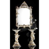 Lorenzon Kerámia konzolasztal 2 oszloppal, üveggel, angyalokkal, tükörrel - fehér, arany, platina