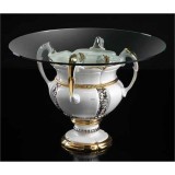 Lorenzon Kisméretű kerámia asztal rózsákkal, üveglappal Ø 80 cm - fehér, arany, platina