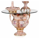 Lorenzon Kisméretű kerámia asztal rózsákkal, üveglappal Ø 80 cm - világoskék, lazacszín, arany