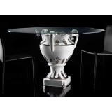 Lorenzon Nagyméretű kerámia asztal orchideákkal, üveglappal Ø 120 cm - fehér, platina