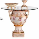 Lorenzon Nagyméretű kerámia asztal rózsákkal, üveglappal Ø 120 cm - világoskék, lazacszín, arany