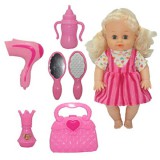 Magic Toys Dorina 38cm-es pisilő baba fodrász készlettel, kiegészítőkkel és hang effektekkel