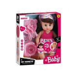 Magic Toys Etethető baba rózsaszín ruhában bilivel és kiegészítőkkel, hanggal