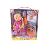 Magic Toys Szőkehajú baba étkészlettel, kiegészítőkkel és hanggal
