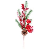 MagicHome Vianoce MagicHome karácsonyi ág, bogyókkal és tobozokkal, piros, havas, 32 cm