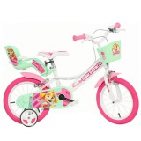 Mancs őrjárat Skye 14” gyerek bicikli kosárral és babaüléssel rózsaszín-mentazöld színben – Dino Bikes kerékpár
