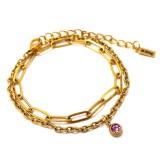 Maria King 1 Pink kristályos charmos rozsdamentes acél dupla karkötő, arany színű