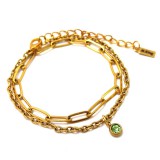 Maria King 1 Zöld kristályos charmos rozsdamentes acél dupla karkötő, arany színű