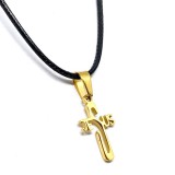 Maria King Arany színű Nemesacél Kereszt/Jézus felirat medál fekete bőr nyaklánccal