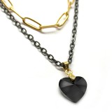 Maria King Dupla rozsdamentes acél nyaklánc arany-fekete színben, fekete kristály szív medállal