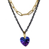 Maria King Dupla rozsdamentes acél nyaklánc arany-fekete színben, kék kristály szív medállal