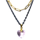 Maria King Dupla rozsdamentes acél nyaklánc arany-fekete színben, rózsaszín kristály szív medállal