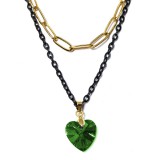 Maria King Dupla rozsdamentes acél nyaklánc arany-fekete színben, zöld kristály szív medállal