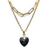 Maria King Dupla rozsdamentes acél nyaklánc arany színben, fekete kristály szív medállal