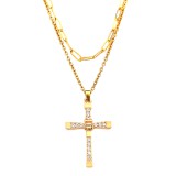 Maria King Dupla rozsdamentes acél nyaklánc arany színben, kristályos kereszt medállal