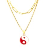 Maria King Dupla rozsdamentes acél nyaklánc arany színben, piros-fehér jin-jang medállal