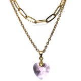 Maria King Dupla rozsdamentes acél nyaklánc arany színben, rózsaszín kristály szív medállal