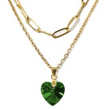 Maria King Dupla rozsdamentes acél nyaklánc arany színben, zöld kristály szív medállal
