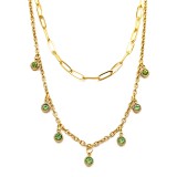Maria King Dupla rozsdamentes acél nyaklánc arany színben, zöld kristályos charmokkal