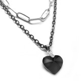 Maria King Dupla rozsdamentes acél nyaklánc ezüst-fekete színben, fekete kristály szív medállal