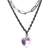 Maria King Dupla rozsdamentes acél nyaklánc ezüst-fekete színben, rózsaszín kristály szív medállal