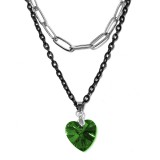 Maria King Dupla rozsdamentes acél nyaklánc ezüst-fekete színben, zöld kristály szív medállal