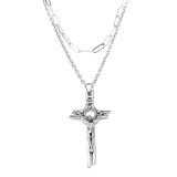 Maria King Dupla rozsdamentes acél nyaklánc ezüst színben, antik kereszt medállal