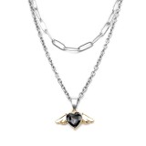 Maria King Dupla rozsdamentes acél nyaklánc ezüst színben, fekete kristály angyalszárnyas medállal