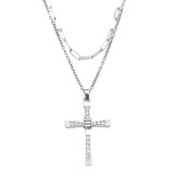 Maria King Dupla rozsdamentes acél nyaklánc ezüst színben, kristályos kereszt medállal