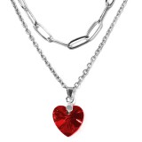 Maria King Dupla rozsdamentes acél nyaklánc ezüst színben, piros kristály szív medállal
