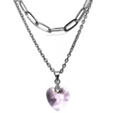 Maria King Dupla rozsdamentes acél nyaklánc ezüst színben, rózsaszín kristály szív medállal