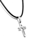 Maria King Ezüst színű Nemesacél Kereszt/Jézus felirat medál fekete bőr nyaklánccal
