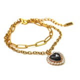 Maria King Fekete kristály szív charmos rozsdamentes acél dupla karkötő, arany színű