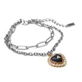 Maria King Fekete kristály szív charmos rozsdamentes acél dupla karkötő, ezüst színű