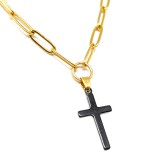 Maria King Fekete Nemesacél Kereszt medál hosszú szemes arany színű nyaklánccal