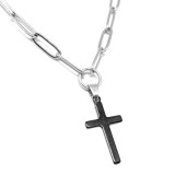 Maria King Fekete Nemesacél Kereszt medál hosszú szemes ezüst színű nyaklánccal