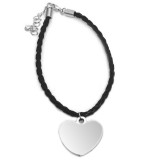 Maria King Gravírozható tüköracél szív charmos pu bőr karkötő, ezüst színben
