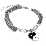 Maria King Háromsoros divat karkötő fekete-fehér szív jin-jang charmmal, ezüst színű