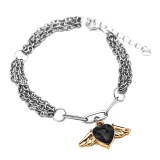 Maria King Háromsoros divat karkötő fekete kristály angyalszárnyas charmmal, ezüst színű
