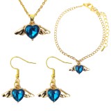Maria King Kék kristály szív angyalszárnnyal medál nyaklánc, fülbevaló és karkötő szett
