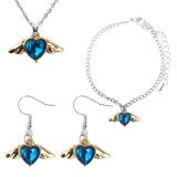 Maria King Kék kristály szív angyalszárnnyal medál nyaklánc, fülbevaló és karkötő szett, ezüst színű