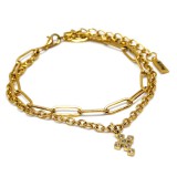 Maria King Kristályos kereszt díszes rozsdamentes acél dupla karkötő, arany színű