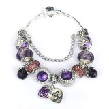 Maria King Látványos lila szív és virág motívumos Pandora stílusú karkötő, 18 cm - first my mother felirattal