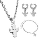 Maria King Nemesacél Angyalka medálos nyaklánc, karkötő és fülbevaló szett, ezüst színű - dobozban